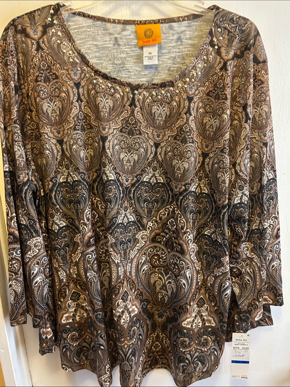 Ruby Rd. Brown and Black Paisley Long Sleeve Scoop Neck Top